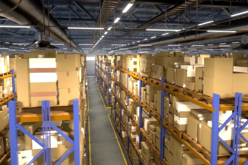 Warehouse interior with shelving